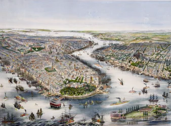 Vogelperspektive von New York und Brooklyn, gedruckt von I. Schaerer